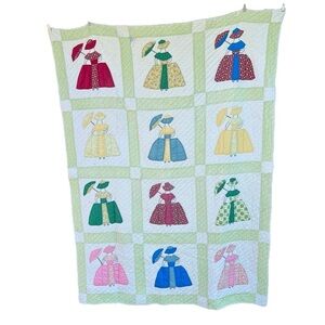 VTG Southern Belle Block Quilt Hand Stitched Quilted Parasol Bonnet Calico 58x76